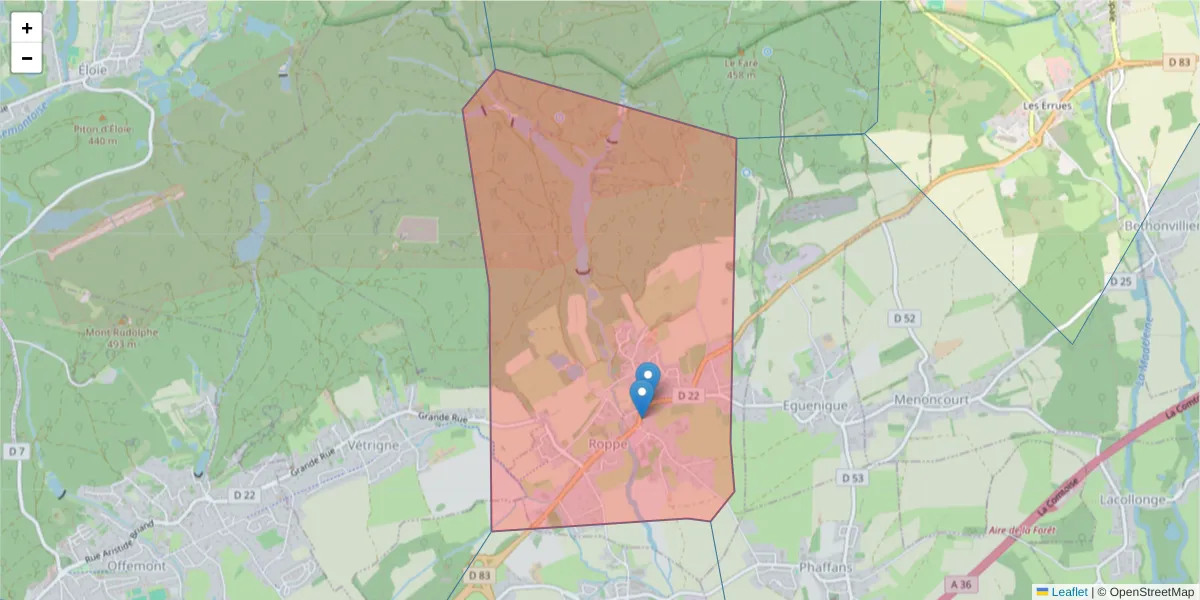 Carte de la zone du code postal  et des codes postaux voisins en France