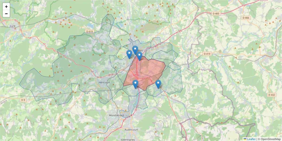 Carte de la zone du code postal  et des codes postaux voisins en France