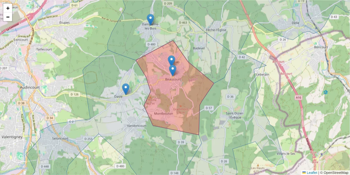 Carte de la zone du code postal  et des codes postaux voisins en France