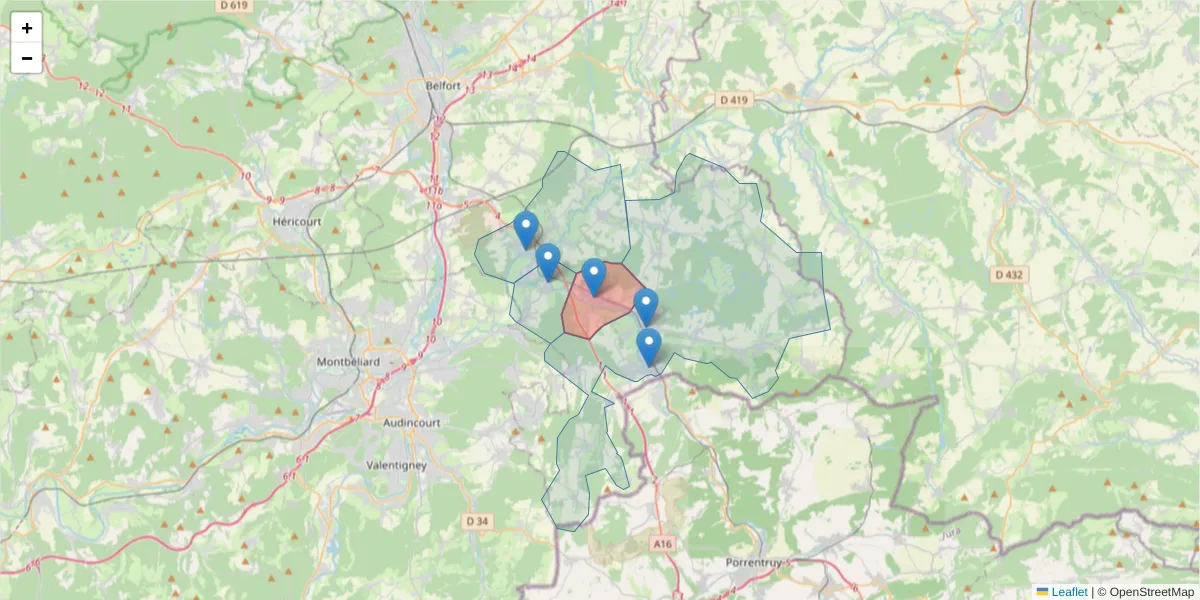 Carte de la zone du code postal  et des codes postaux voisins en France