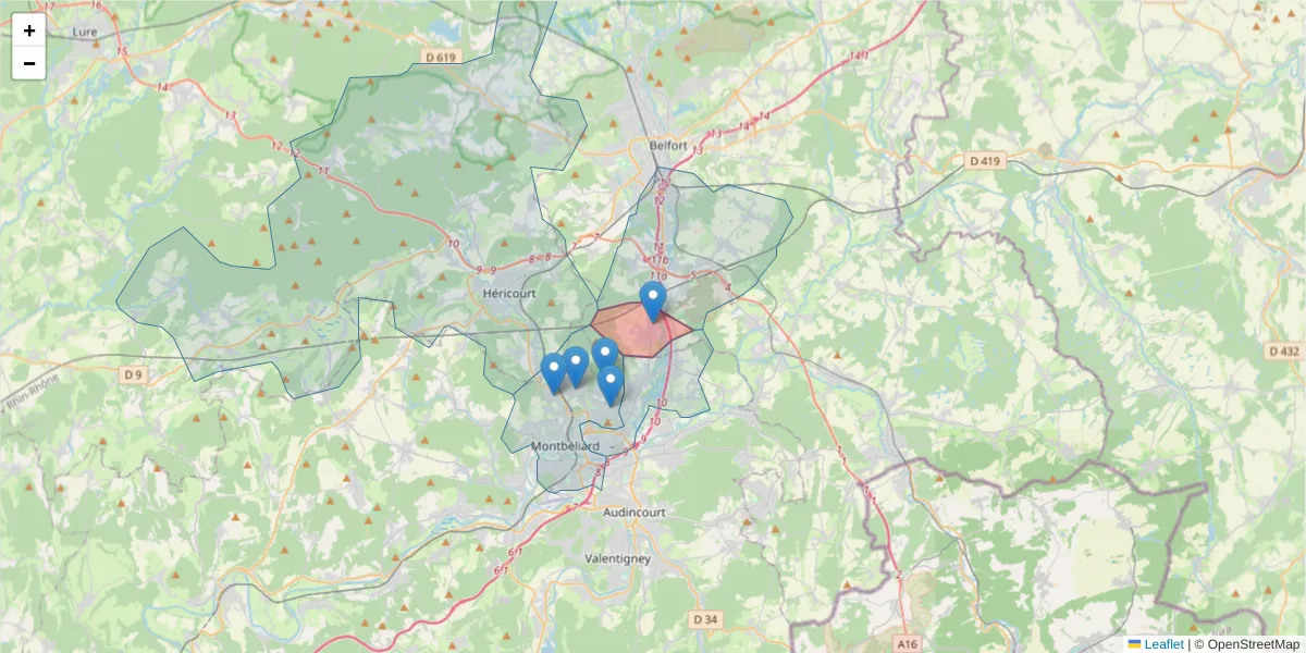 Carte de la zone du code postal  et des codes postaux voisins en France