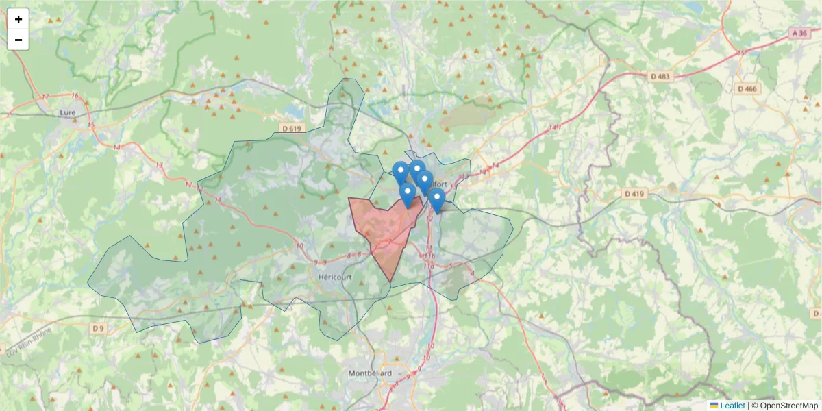Carte de la zone du code postal  et des codes postaux voisins en France