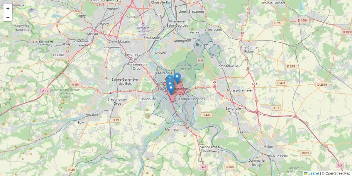 Carte de la zone du code postal  et des codes postaux voisins en France