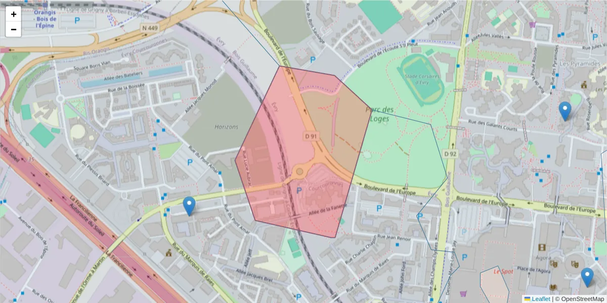 Carte de la zone du code postal  et des codes postaux voisins en France