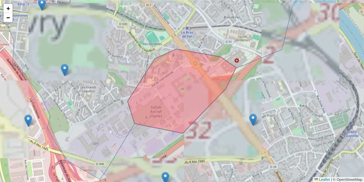 Carte de la zone du code postal  et des codes postaux voisins en France