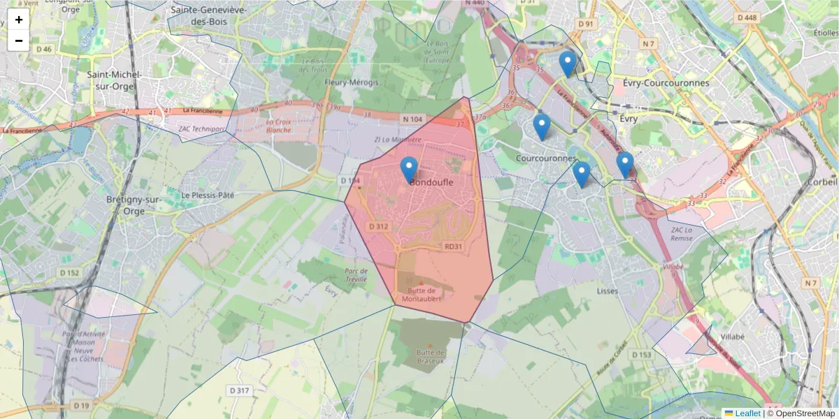 Carte de la zone du code postal  et des codes postaux voisins en France