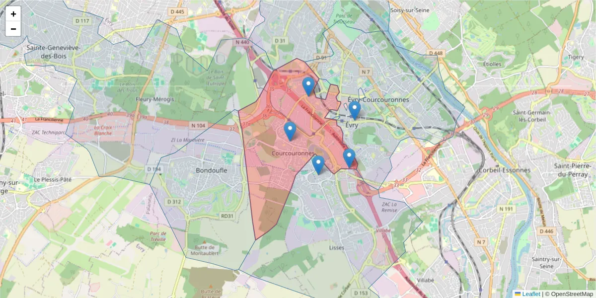 Carte de la zone du code postal  et des codes postaux voisins en France