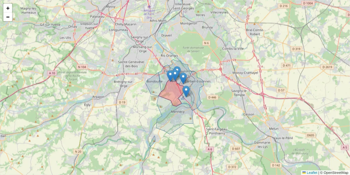 Carte de la zone du code postal  et des codes postaux voisins en France