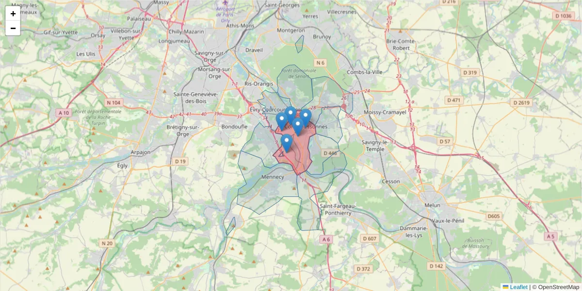 Carte de la zone du code postal  et des codes postaux voisins en France