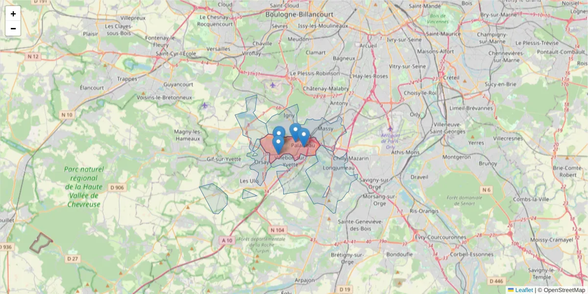 Carte de la zone du code postal  et des codes postaux voisins en France