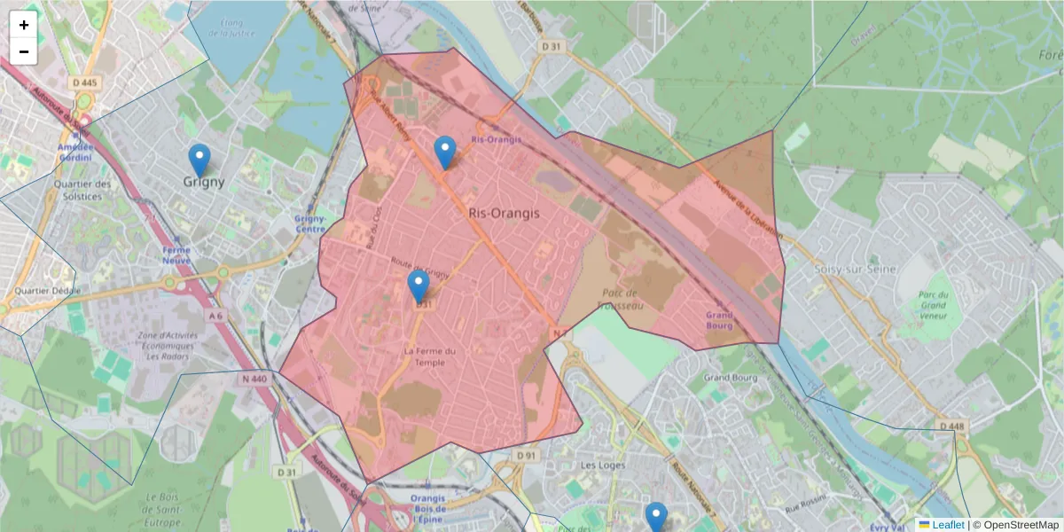 Carte de la zone du code postal  et des codes postaux voisins en France