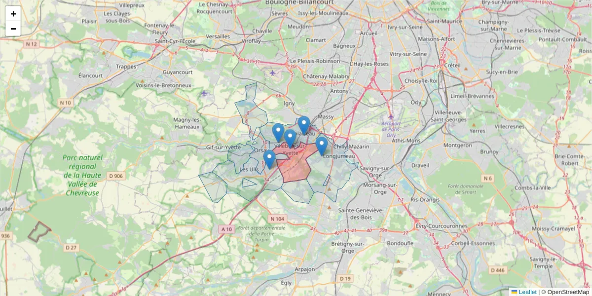 Carte de la zone du code postal  et des codes postaux voisins en France
