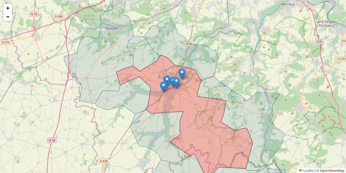 Carte de la zone du code postal  et des codes postaux voisins en France