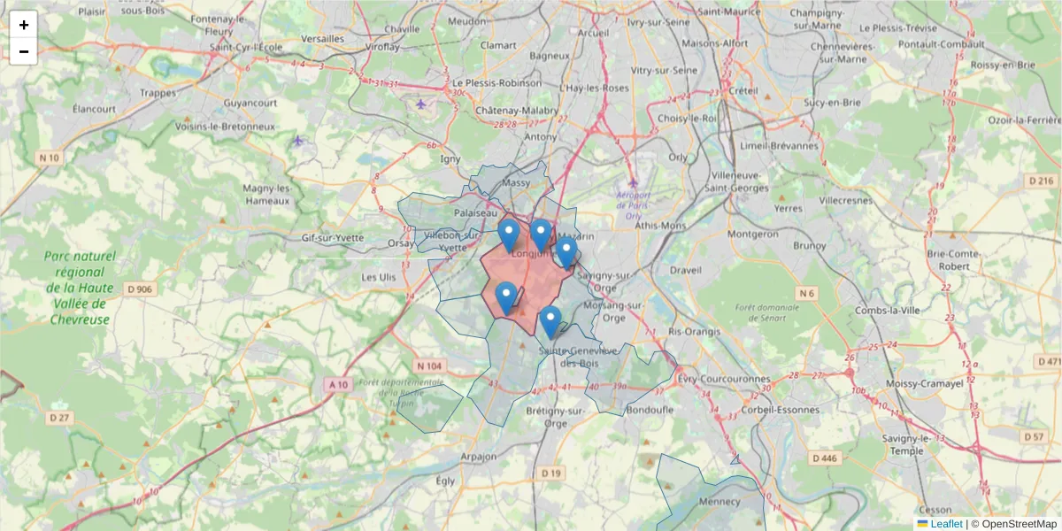 Carte de la zone du code postal  et des codes postaux voisins en France