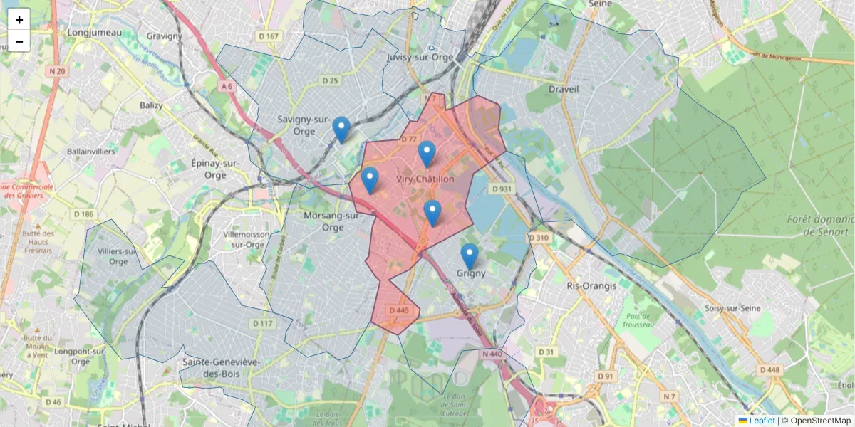 Carte de la zone du code postal  et des codes postaux voisins en France