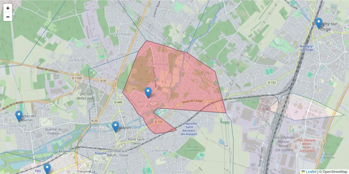 Carte de la zone du code postal  et des codes postaux voisins en France