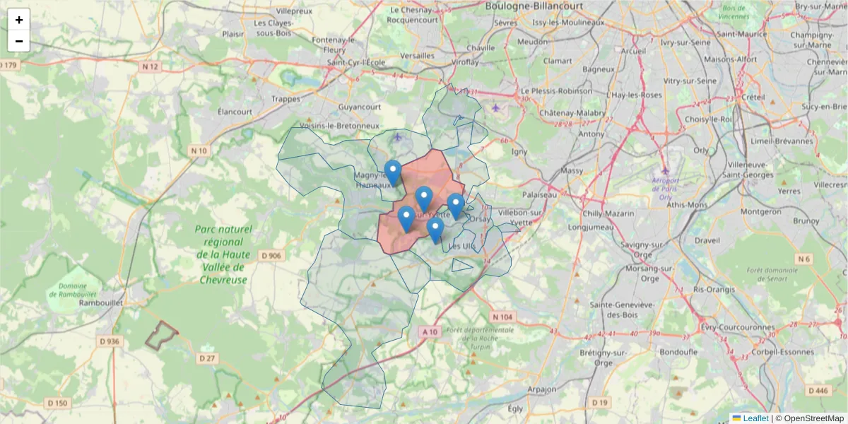 Carte de la zone du code postal  et des codes postaux voisins en France