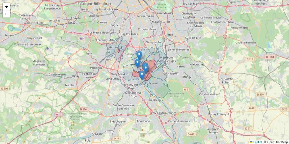 Carte de la zone du code postal  et des codes postaux voisins en France