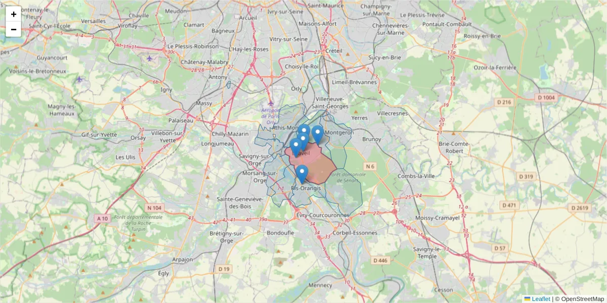 Carte de la zone du code postal  et des codes postaux voisins en France