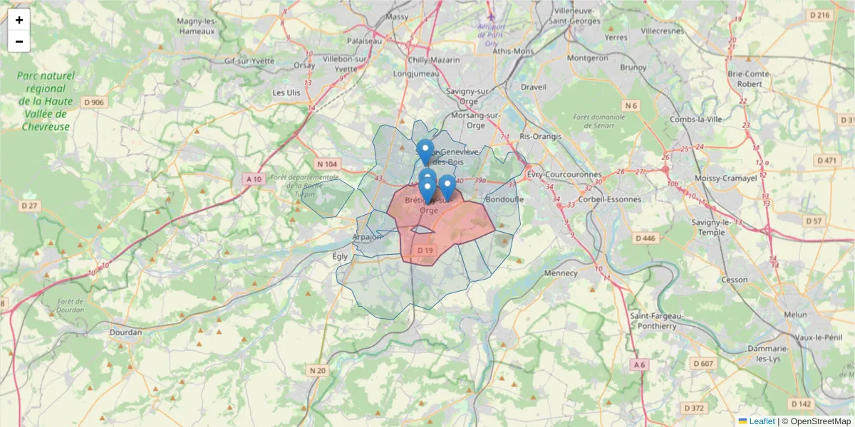Carte de la zone du code postal  et des codes postaux voisins en France