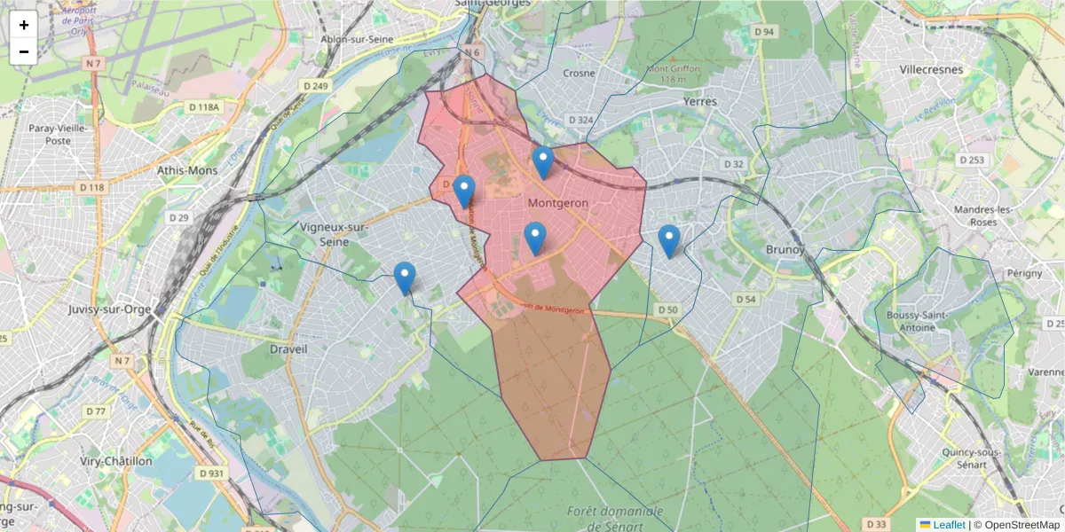 Carte de la zone du code postal  et des codes postaux voisins en France