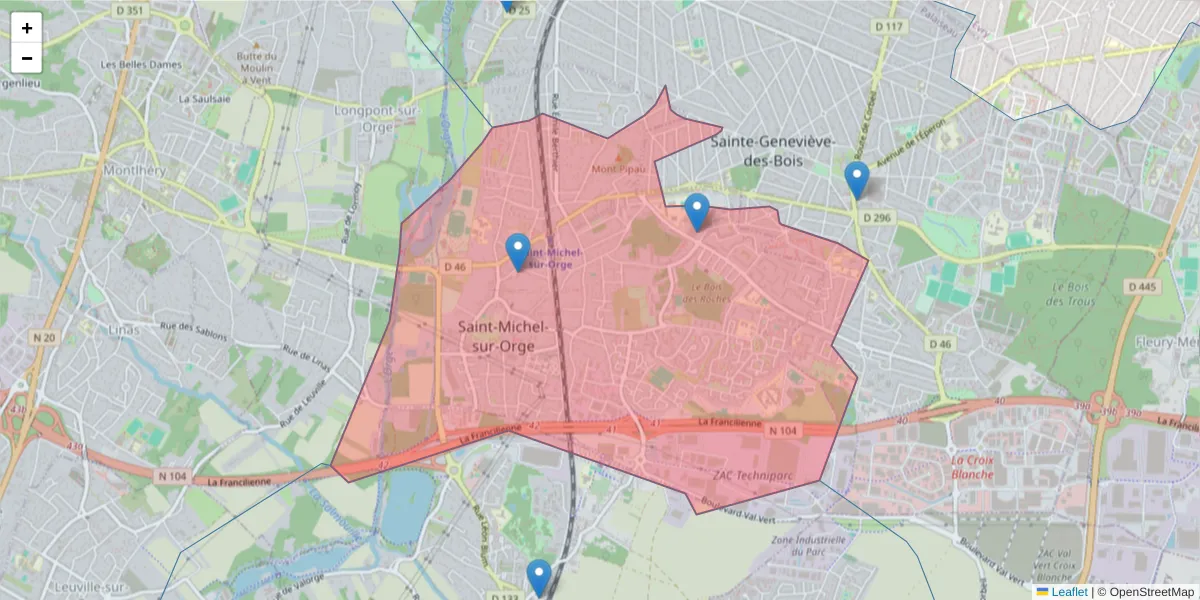 Carte de la zone du code postal  et des codes postaux voisins en France