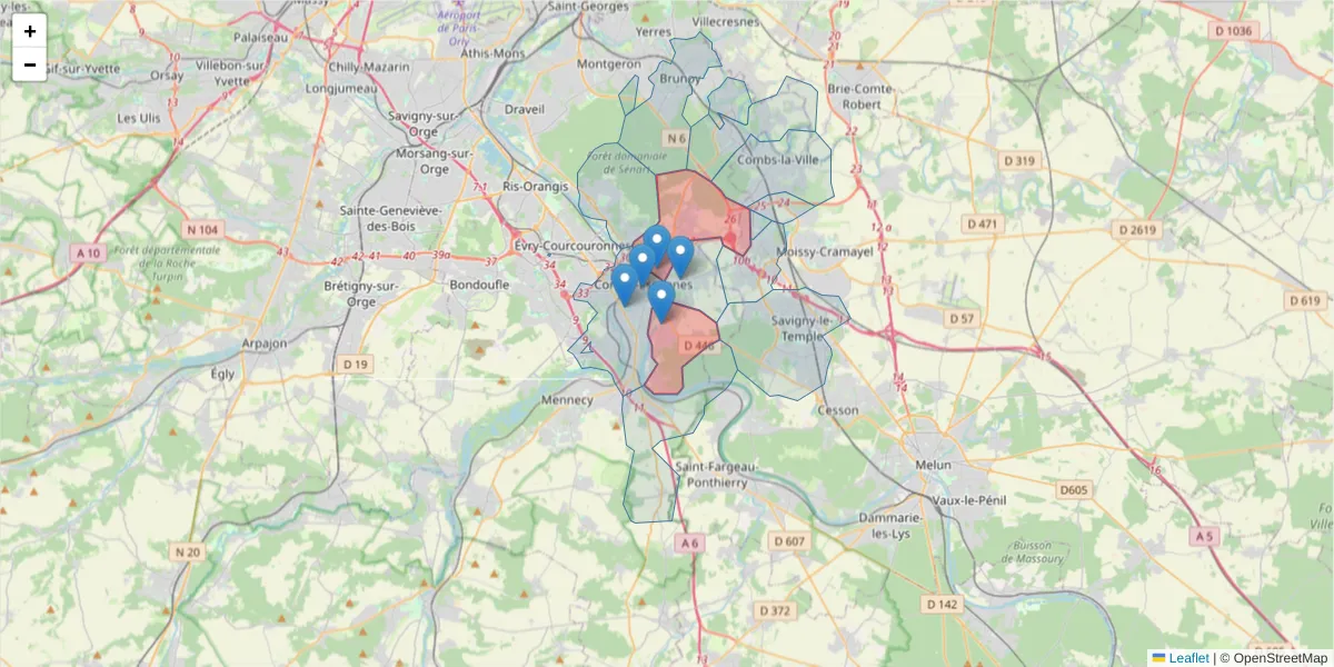 Carte de la zone du code postal  et des codes postaux voisins en France