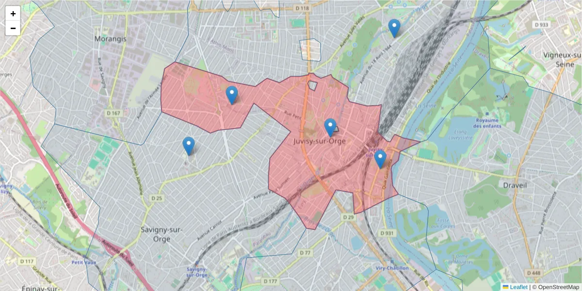 Carte de la zone du code postal  et des codes postaux voisins en France