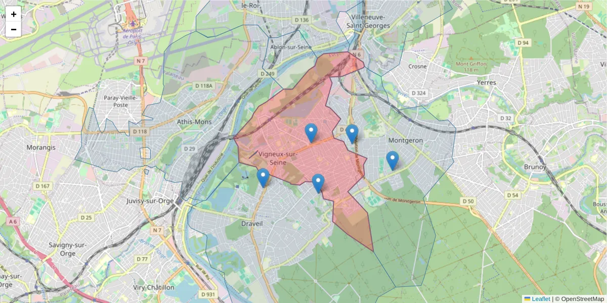 Carte de la zone du code postal  et des codes postaux voisins en France