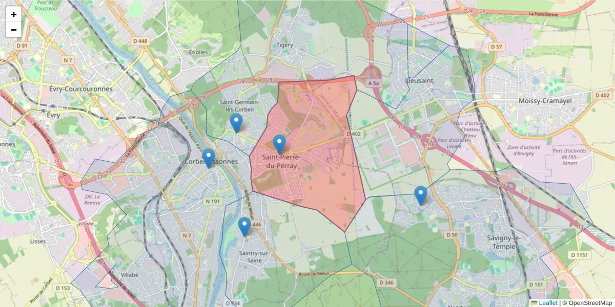 Carte de la zone du code postal  et des codes postaux voisins en France