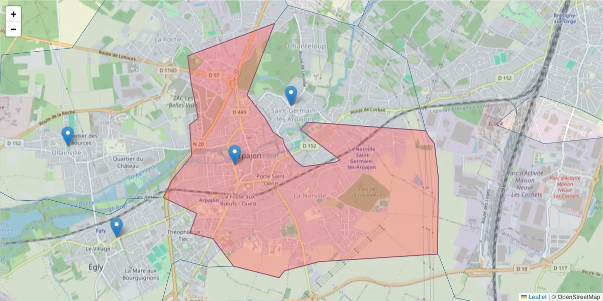Carte de la zone du code postal  et des codes postaux voisins en France