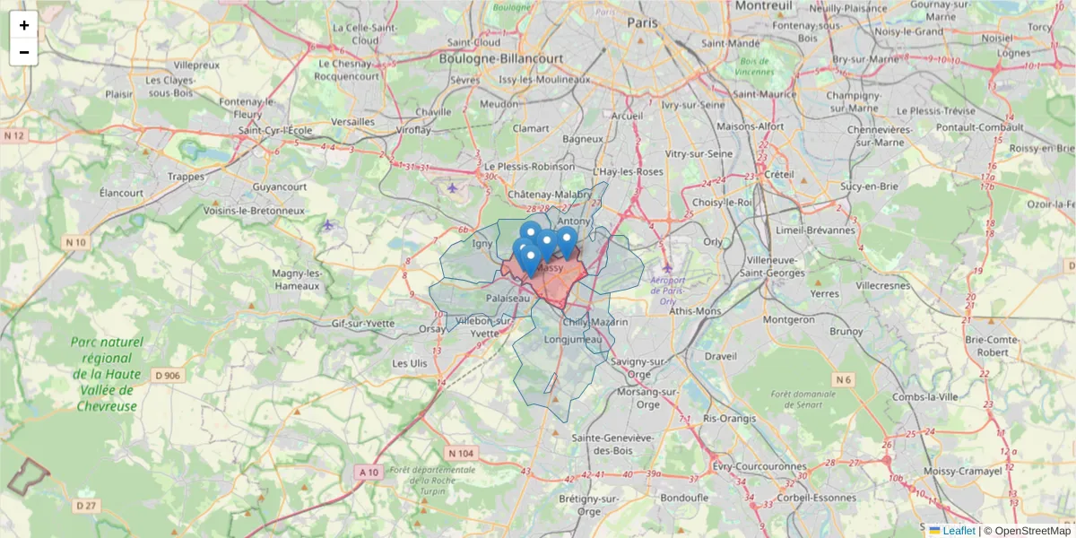 Carte de la zone du code postal  et des codes postaux voisins en France