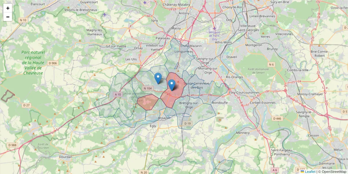 Carte de la zone du code postal  et des codes postaux voisins en France