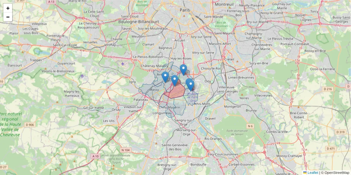 Carte de la zone du code postal  et des codes postaux voisins en France