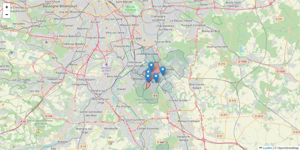 Carte de la zone du code postal  et des codes postaux voisins en France