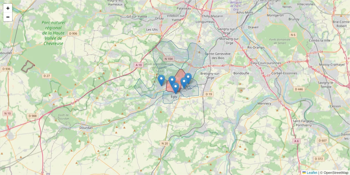 Carte de la zone du code postal  et des codes postaux voisins en France