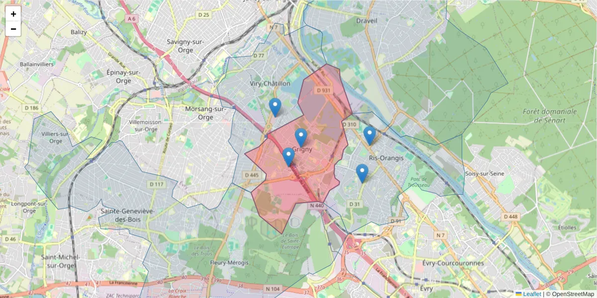Carte de la zone du code postal  et des codes postaux voisins en France