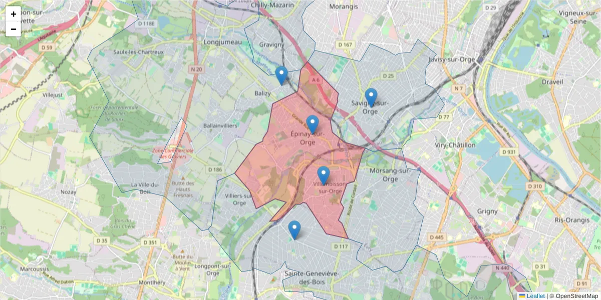 Carte de la zone du code postal  et des codes postaux voisins en France