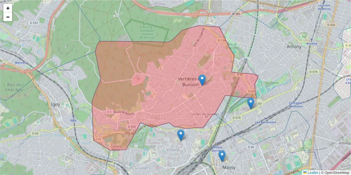 Carte de la zone du code postal  et des codes postaux voisins en France