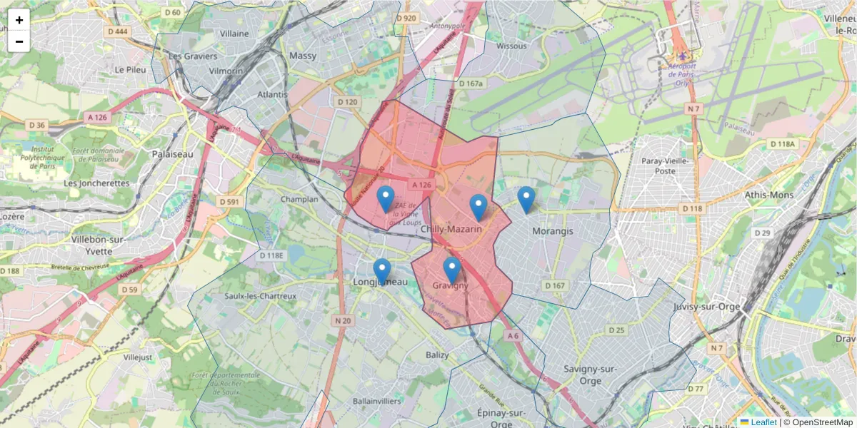 Carte de la zone du code postal  et des codes postaux voisins en France