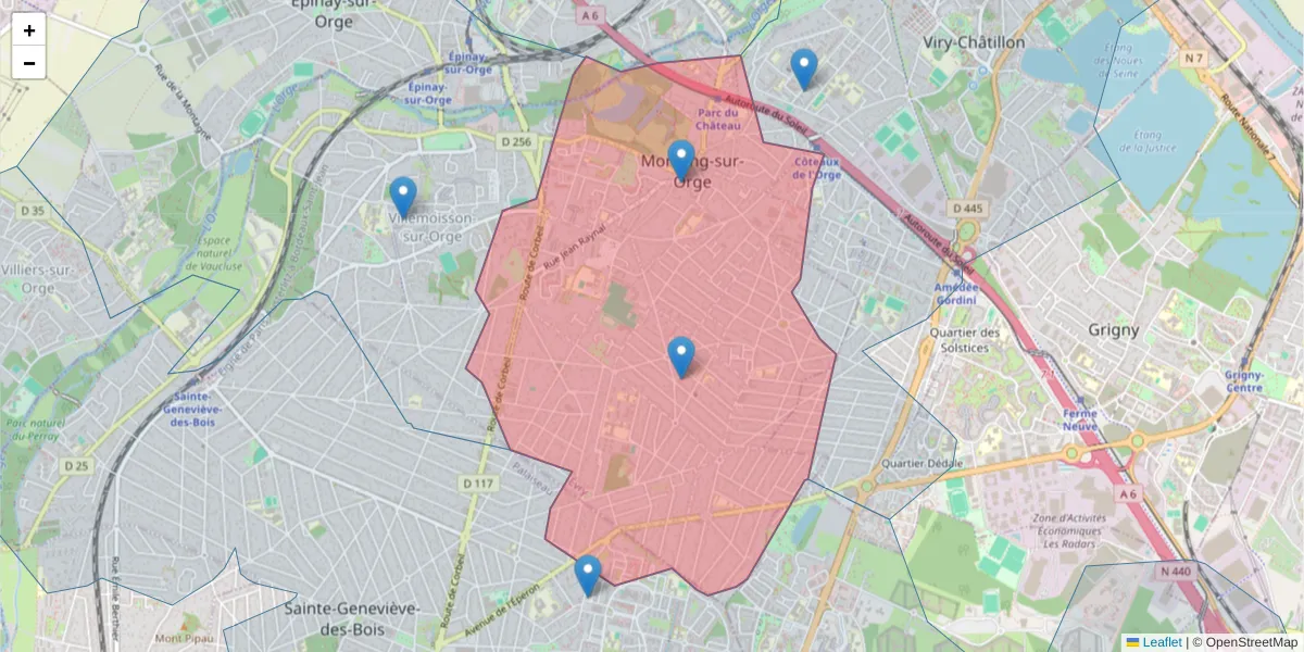 Carte de la zone du code postal  et des codes postaux voisins en France