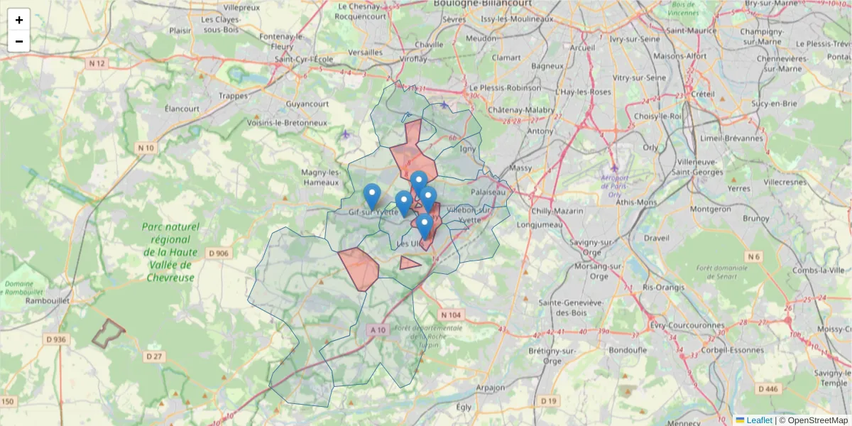 Carte de la zone du code postal  et des codes postaux voisins en France