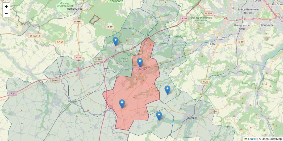 Carte de la zone du code postal  et des codes postaux voisins en France