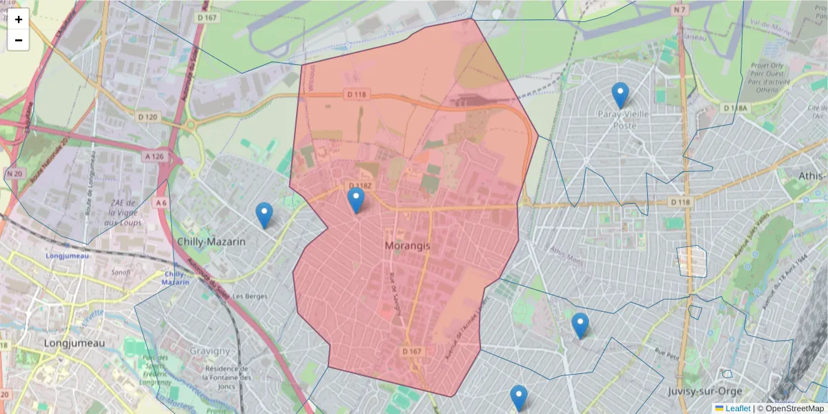Carte de la zone du code postal  et des codes postaux voisins en France