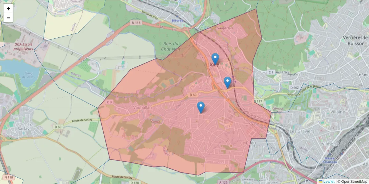 Carte de la zone du code postal  et des codes postaux voisins en France
