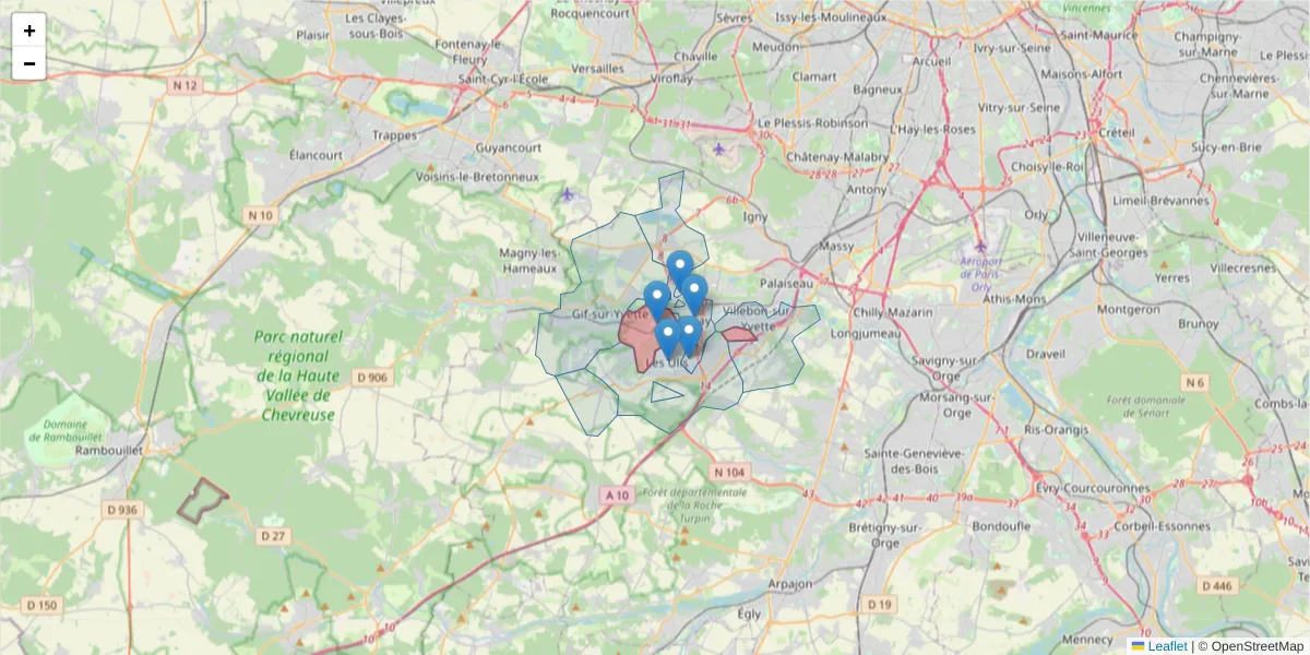 Carte de la zone du code postal  et des codes postaux voisins en France