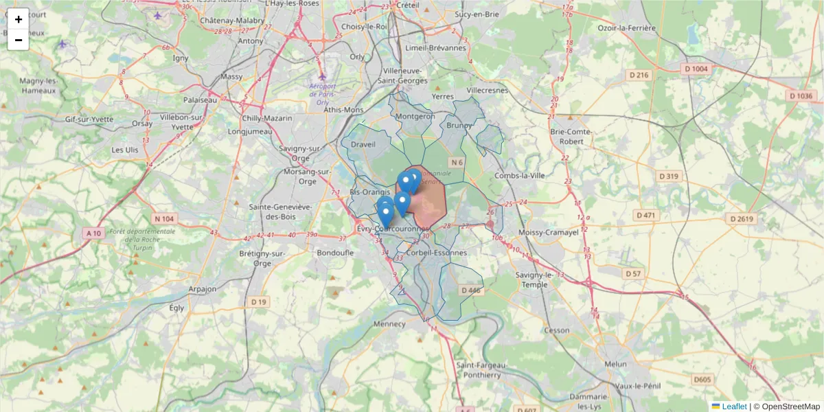 Carte de la zone du code postal  et des codes postaux voisins en France