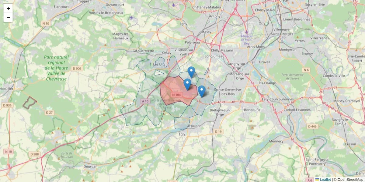 Carte de la zone du code postal  et des codes postaux voisins en France