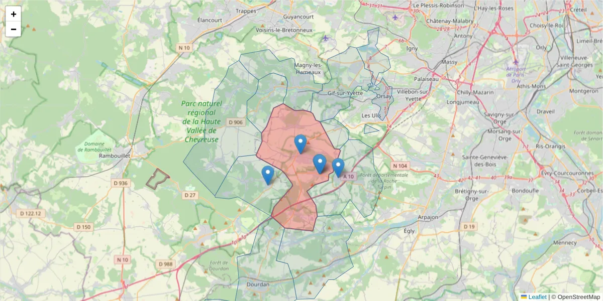 Carte de la zone du code postal  et des codes postaux voisins en France