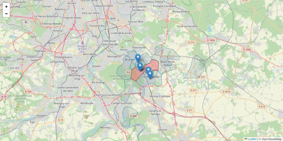 Carte de la zone du code postal  et des codes postaux voisins en France